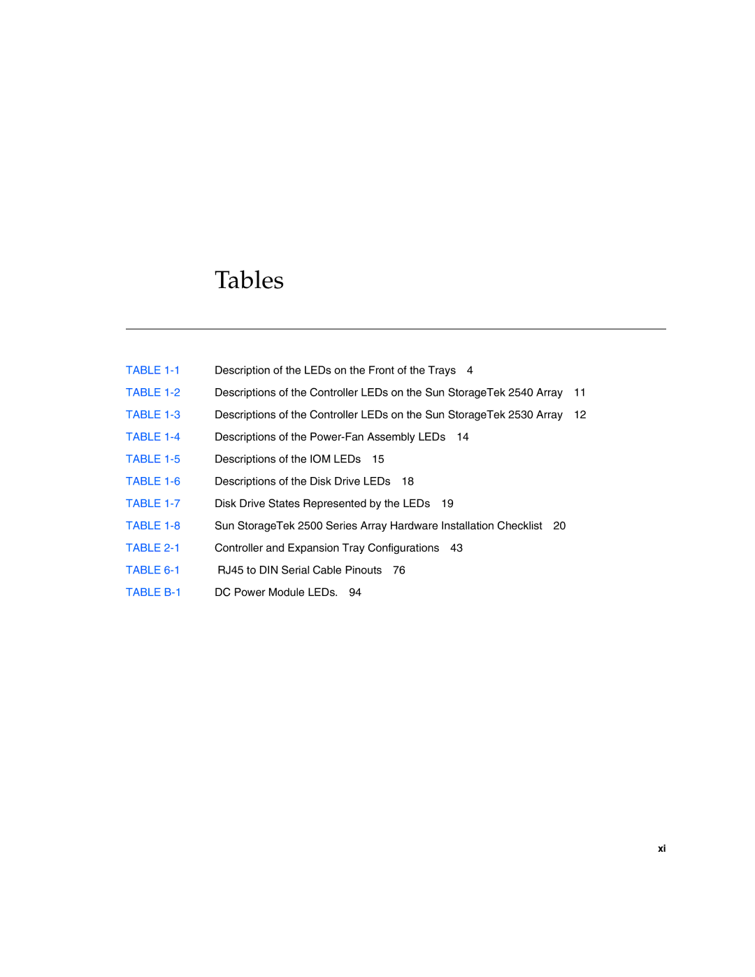 Sun Microsystems 2500 manual Tables, Table B-1 