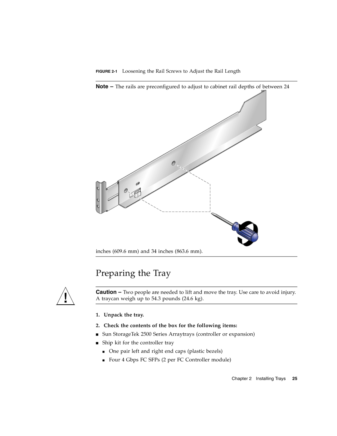 Sun Microsystems 2500 manual Preparing the Tray, 1Loosening the Rail Screws to Adjust the Rail Length 