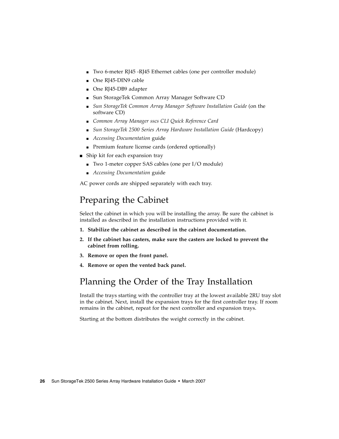 Sun Microsystems 2500 manual Preparing the Cabinet, Planning the Order of the Tray Installation 