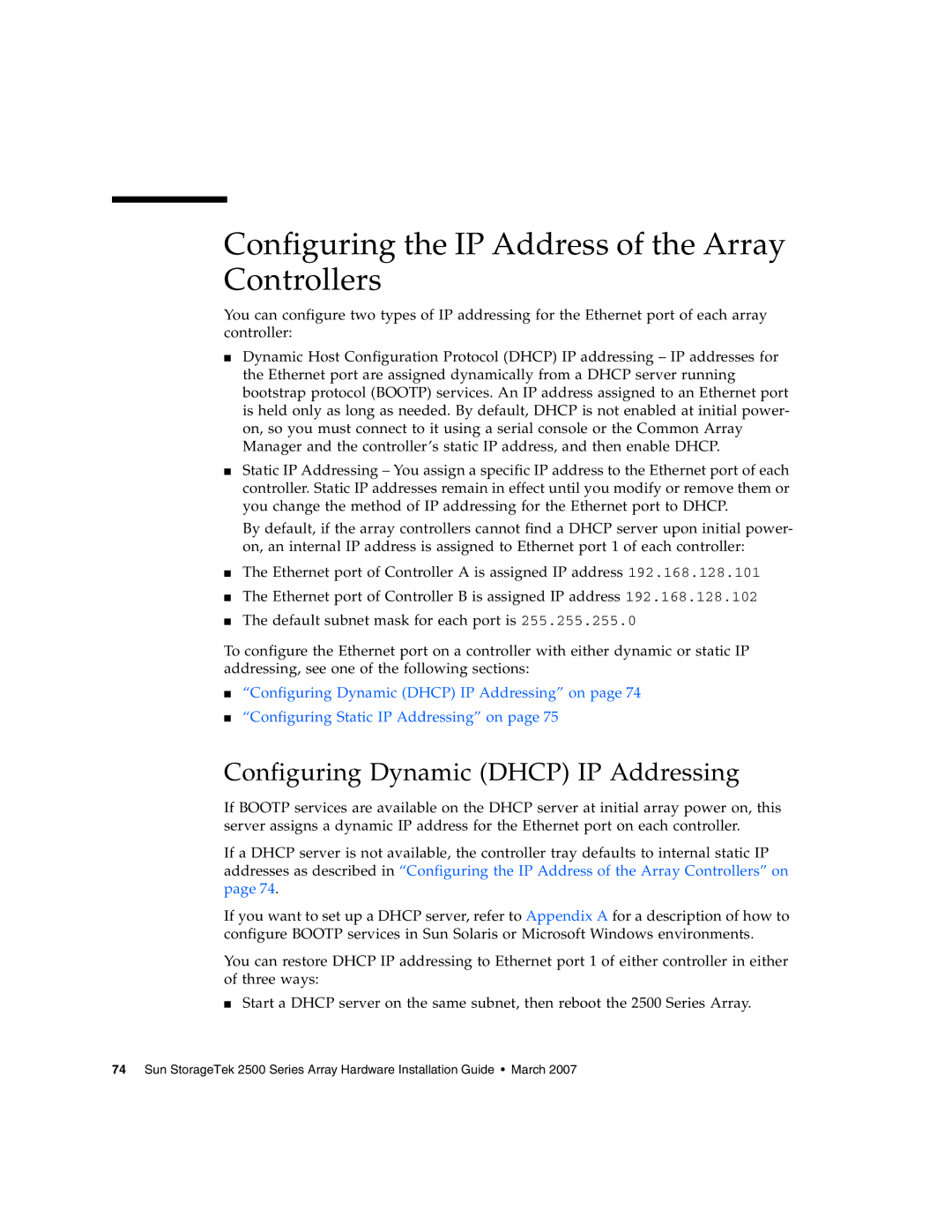 Sun Microsystems 2500 manual Configuring the IP Address of the Array Controllers, Configuring Dynamic Dhcp IP Addressing 