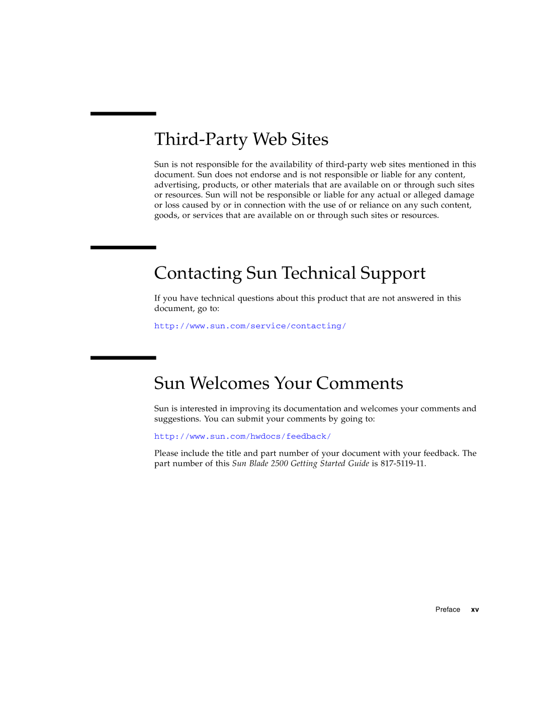 Sun Microsystems 2500 manual Third-Party Web Sites, Contacting Sun Technical Support, Sun Welcomes Your Comments 