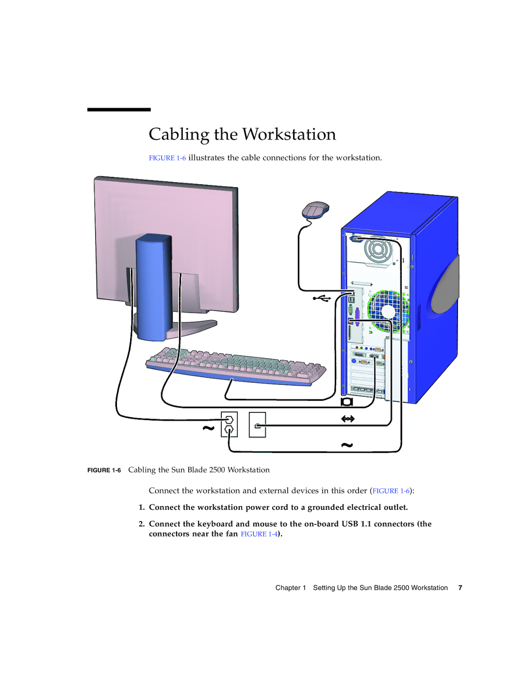 Sun Microsystems 2500 manual Cabling the Workstation, 6illustrates the cable connections for the workstation 