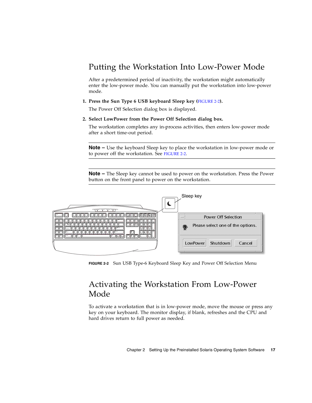 Sun Microsystems 2500 manual Putting the Workstation Into Low-PowerMode, Activating the Workstation From Low-Power Mode 