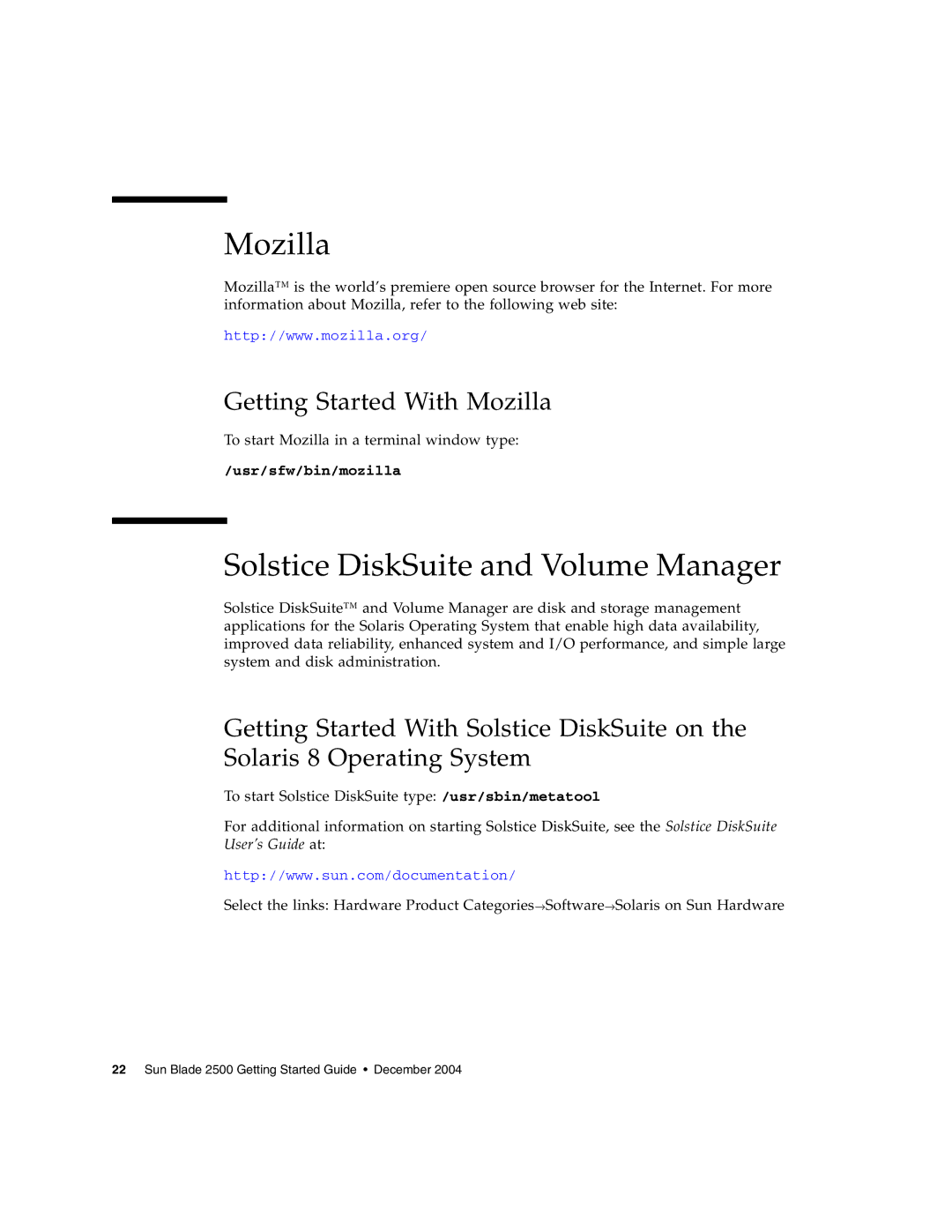 Sun Microsystems 2500 manual Solstice DiskSuite and Volume Manager, Getting Started With Mozilla 