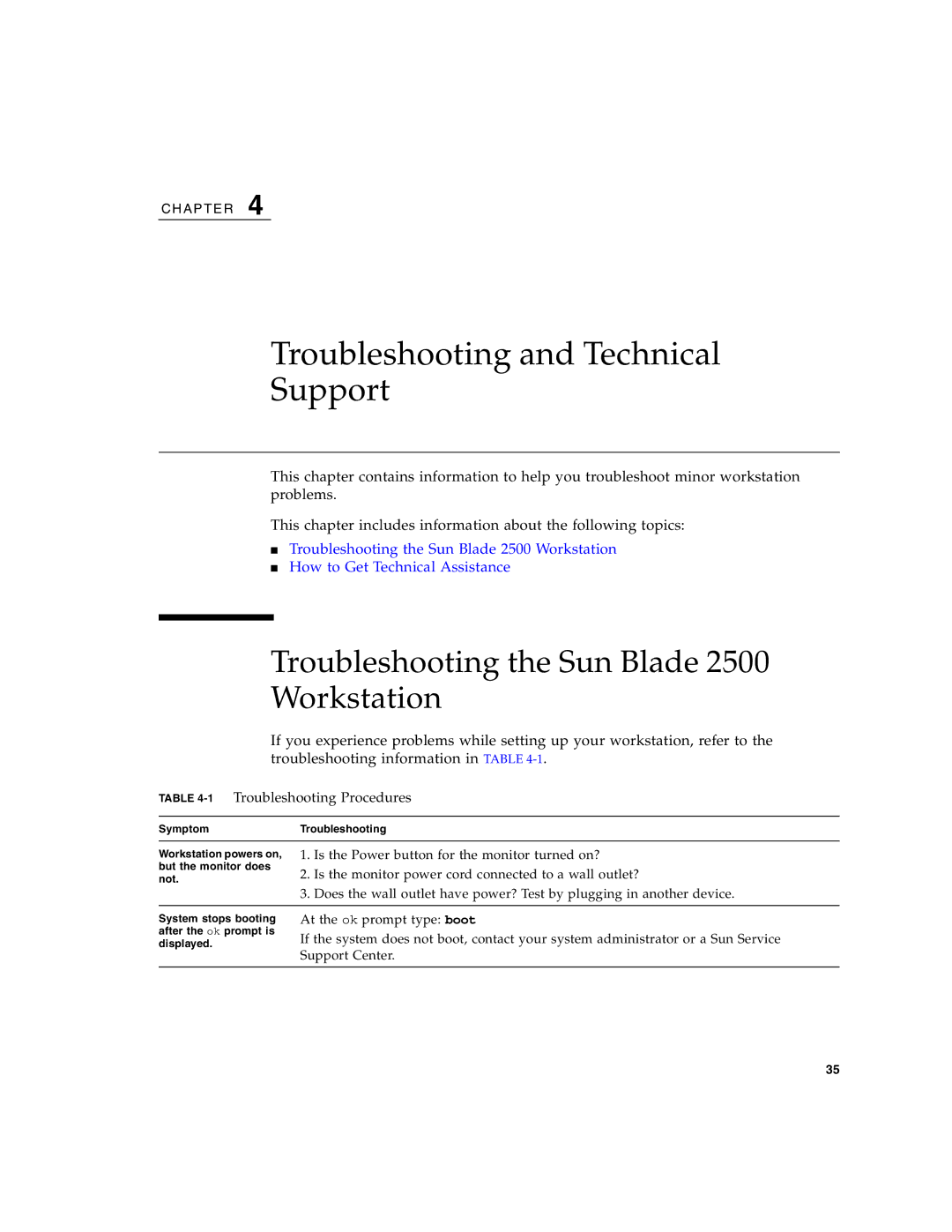 Sun Microsystems 2500 manual Troubleshooting and Technical Support, Troubleshooting the Sun Blade Workstation 