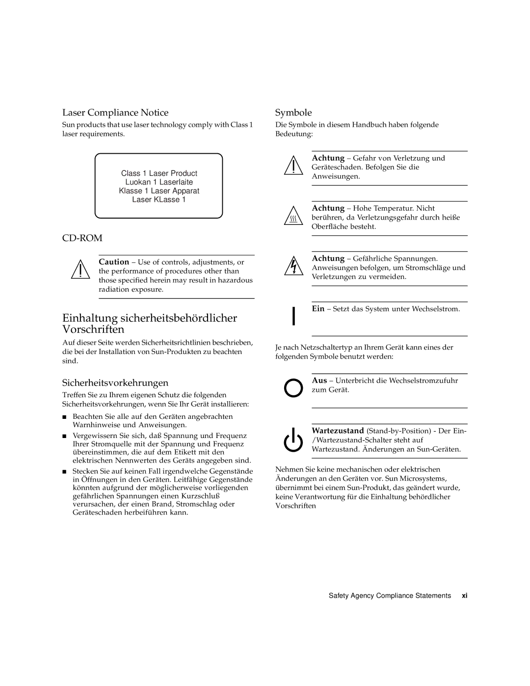 Sun Microsystems 280R manual Einhaltung sicherheitsbehördlicher Vorschriften, Laser Compliance Notice 