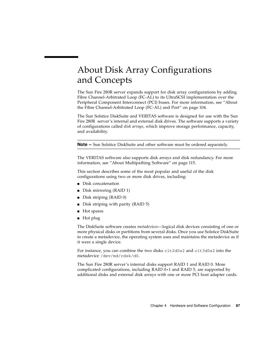 Sun Microsystems 280R manual About Disk Array Configurations and Concepts 