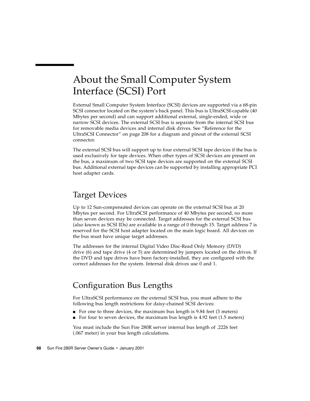 Sun Microsystems 280R manual About the Small Computer System Interface Scsi Port, Target Devices, Configuration Bus Lengths 