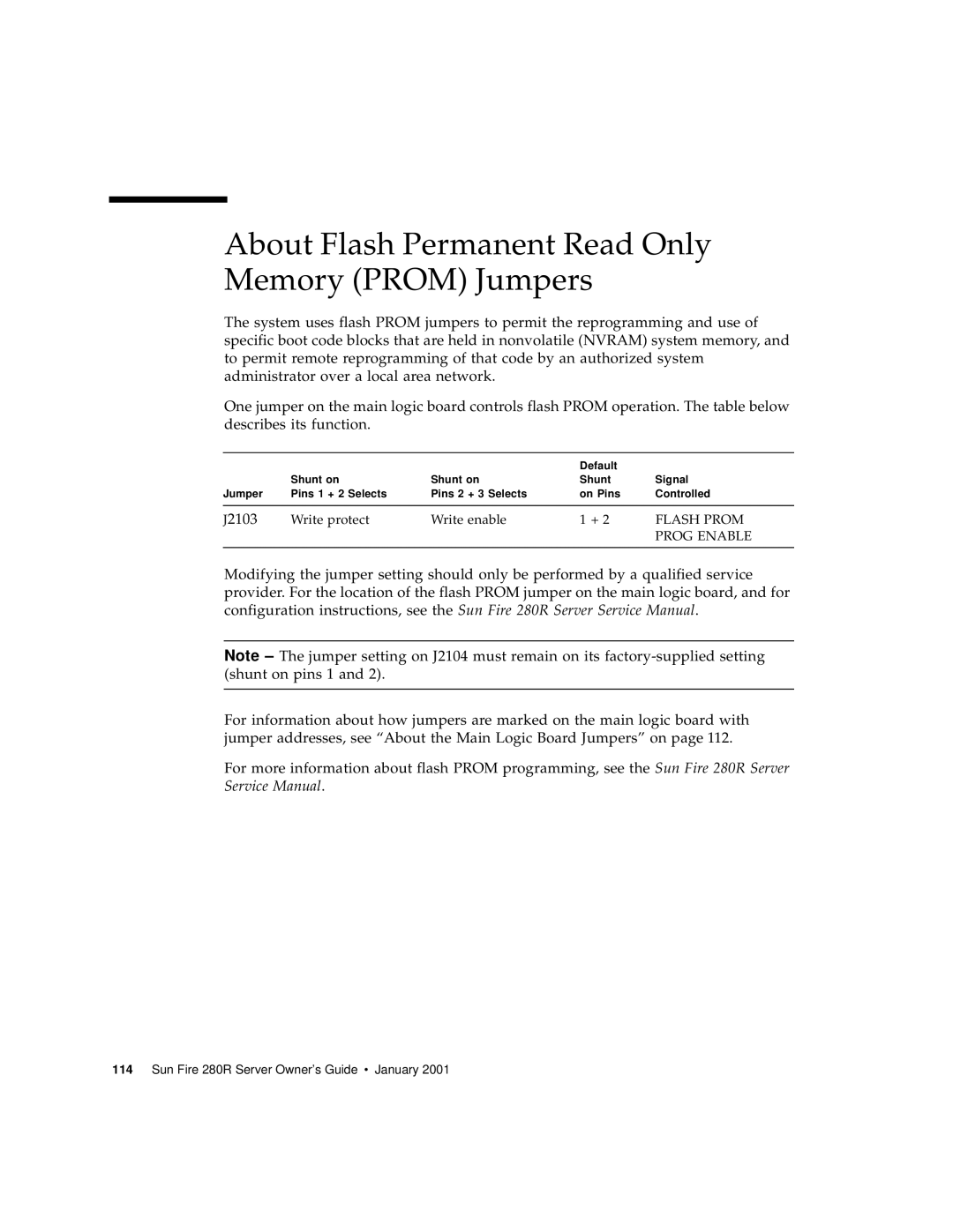 Sun Microsystems 280R manual About Flash Permanent Read Only Memory Prom Jumpers, J2103 