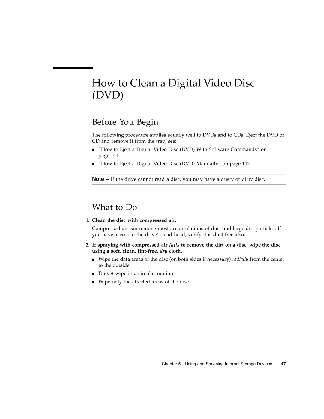 Sun Microsystems 280R manual How to Clean a Digital Video Disc DVD, Clean the disc with compressed air 