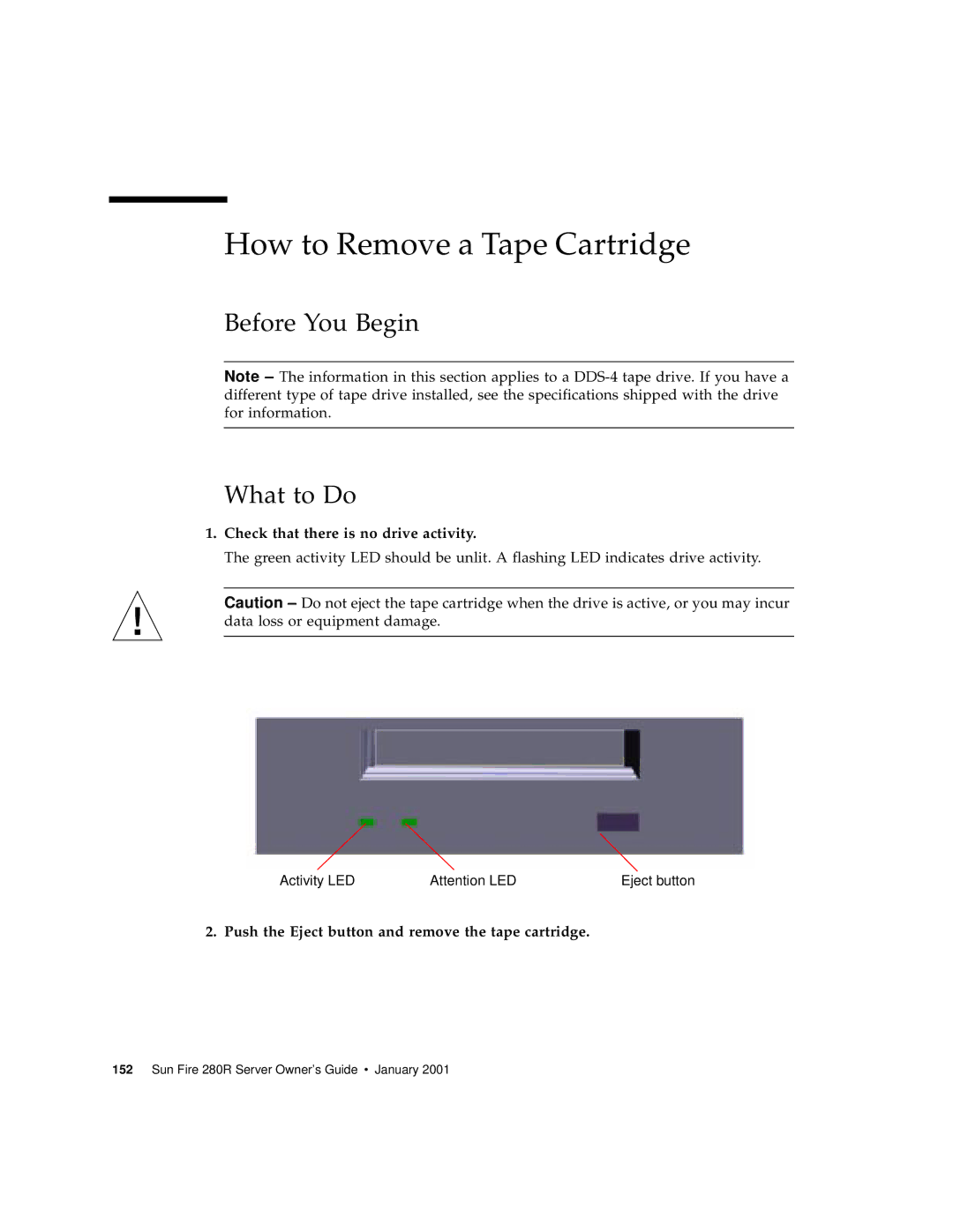 Sun Microsystems 280R How to Remove a Tape Cartridge, Before You Begin What to Do, Check that there is no drive activity 