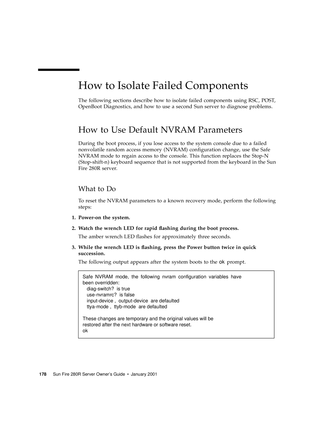 Sun Microsystems 280R manual How to Isolate Failed Components, How to Use Default Nvram Parameters, What to Do 