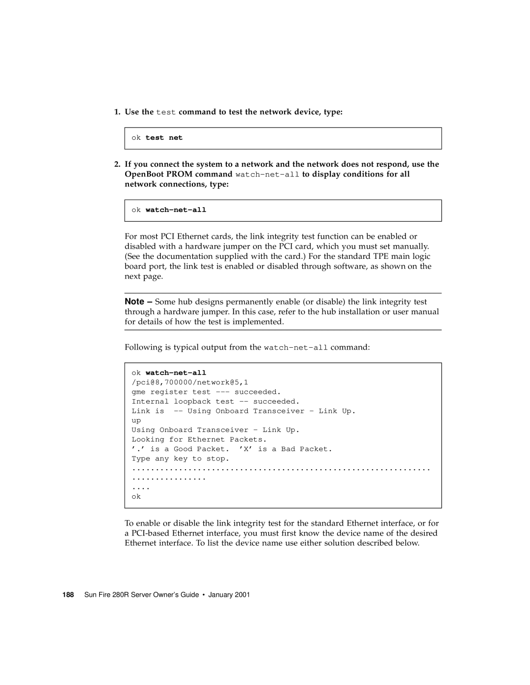 Sun Microsystems 280R manual Use the test command to test the network device, type 