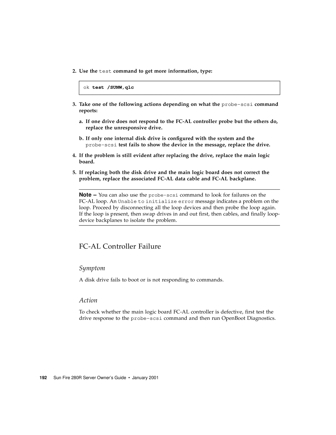 Sun Microsystems 280R manual FC-AL Controller Failure, Use the test command to get more information, type 