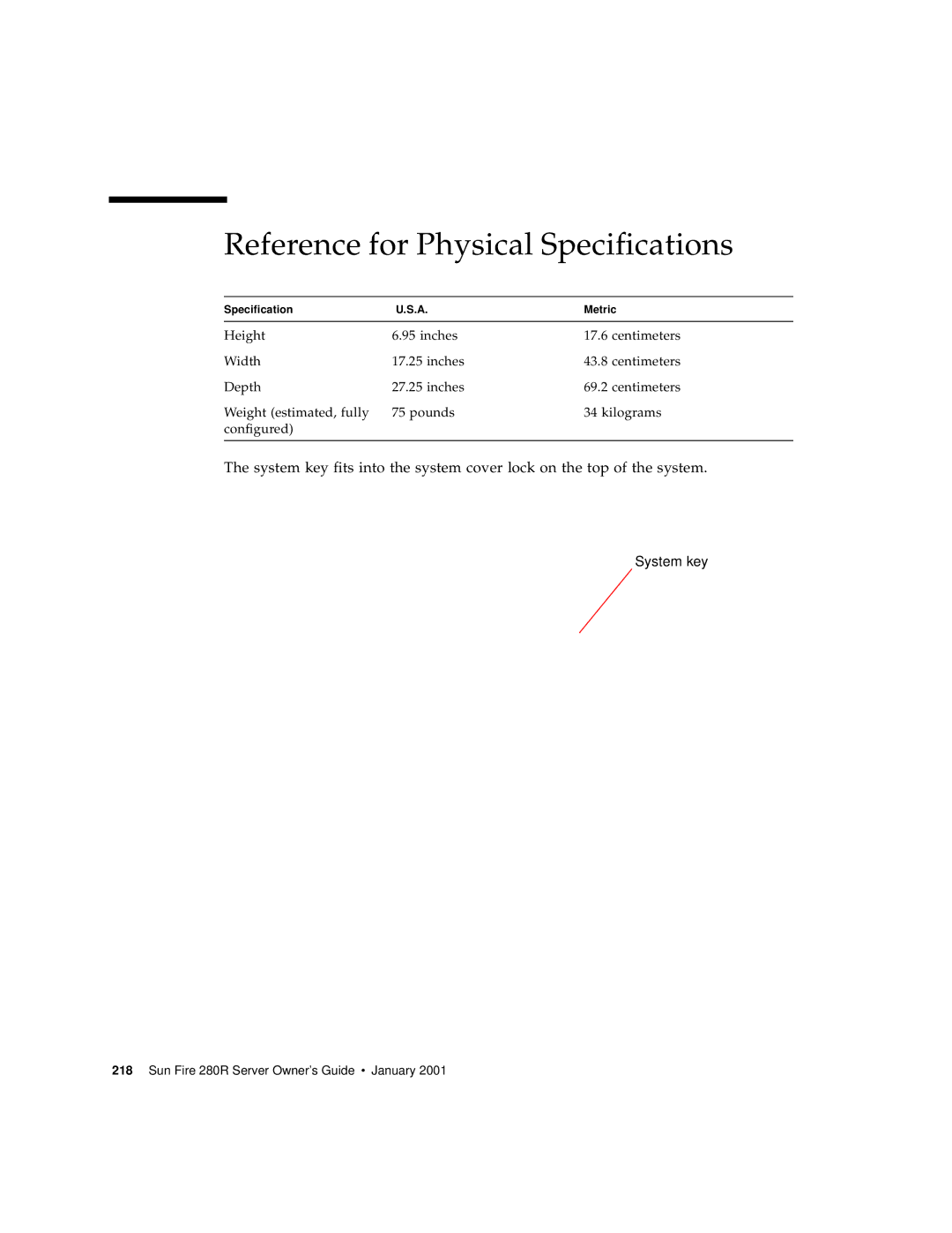 Sun Microsystems 280R manual Reference for Physical Specifications 