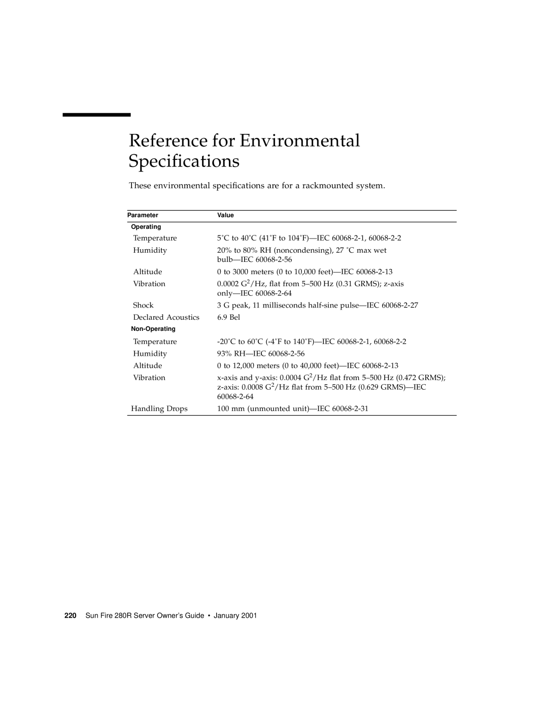 Sun Microsystems 280R manual Reference for Environmental Specifications 