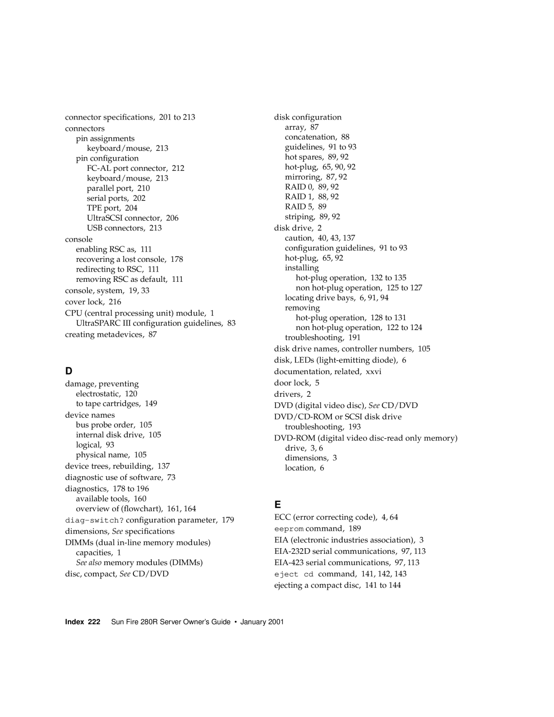 Sun Microsystems manual Index 222 Sun Fire 280R Server Owner’s Guide January 