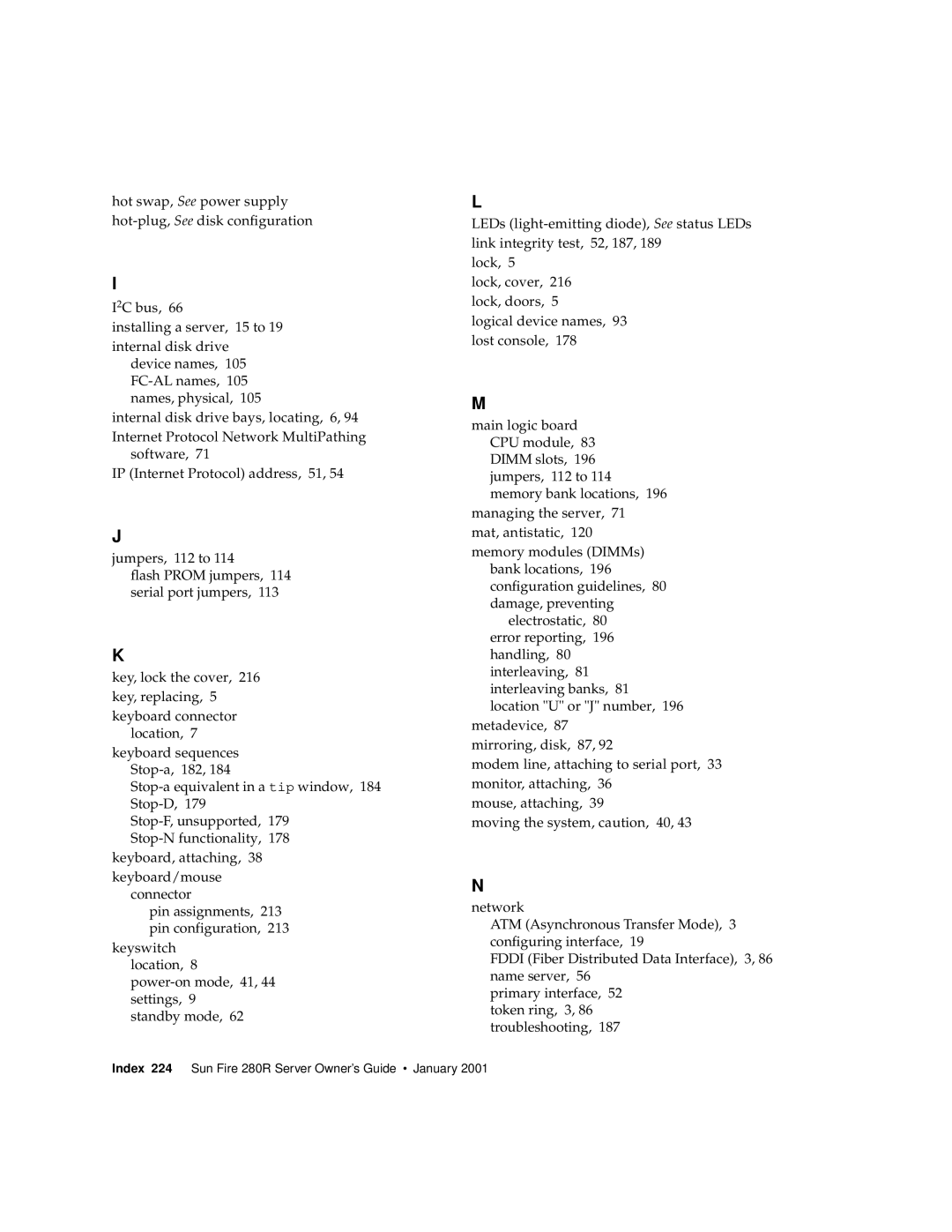 Sun Microsystems manual Index 224 Sun Fire 280R Server Owner’s Guide January 