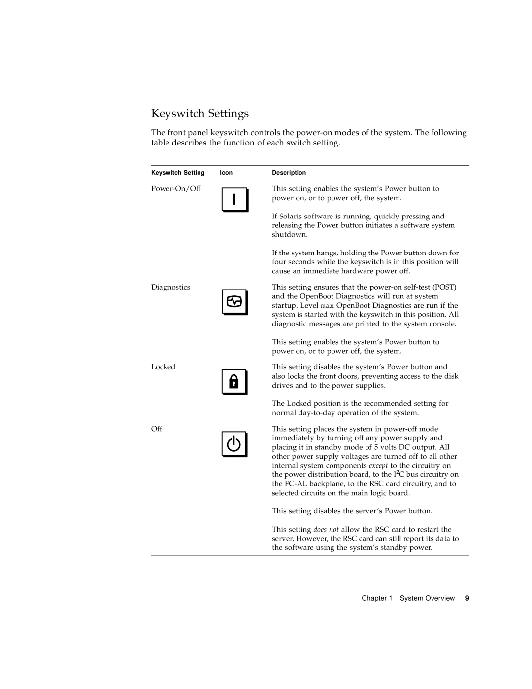 Sun Microsystems 280R manual Keyswitch Settings 