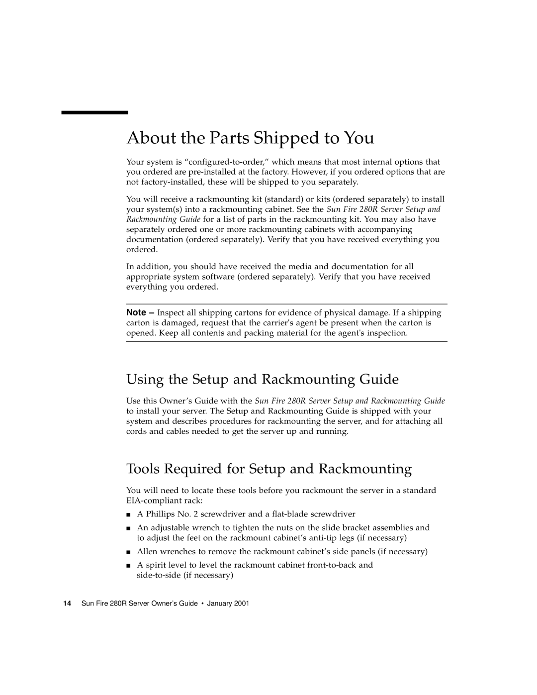 Sun Microsystems 280R manual About the Parts Shipped to You, Using the Setup and Rackmounting Guide 