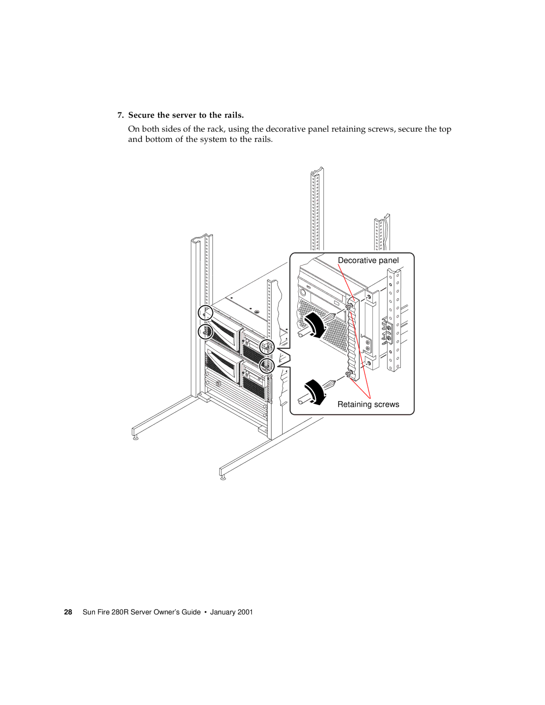 Sun Microsystems 280R manual Secure the server to the rails 