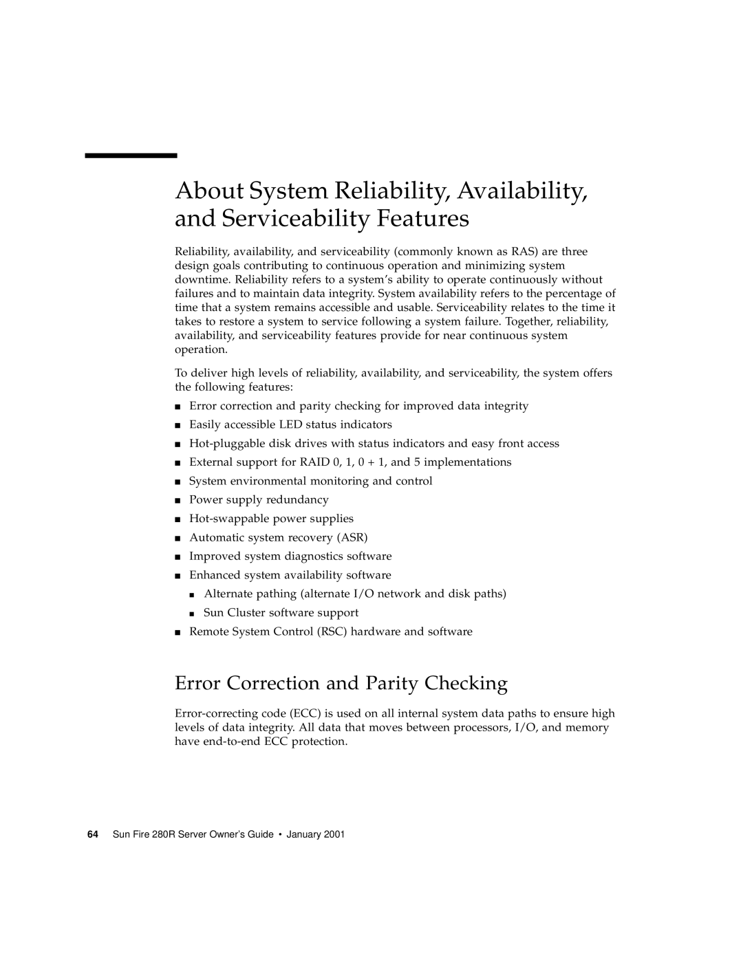 Sun Microsystems 280R manual Error Correction and Parity Checking 