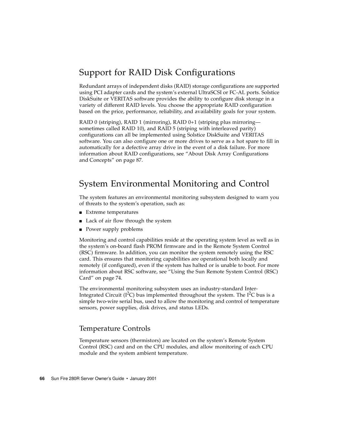 Sun Microsystems 280R manual Support for RAID Disk Configurations, System Environmental Monitoring and Control 