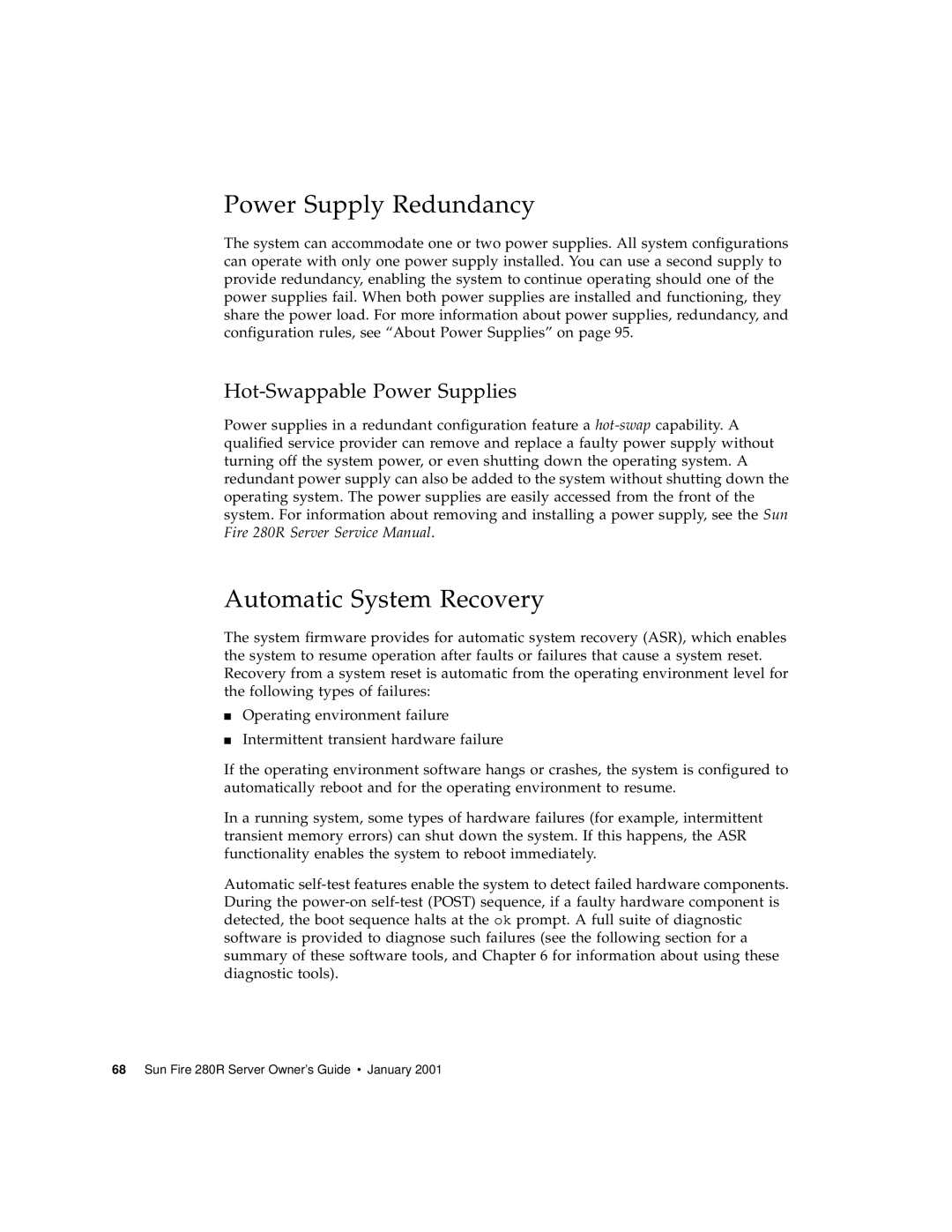 Sun Microsystems 280R manual Power Supply Redundancy, Automatic System Recovery, Hot-Swappable Power Supplies 