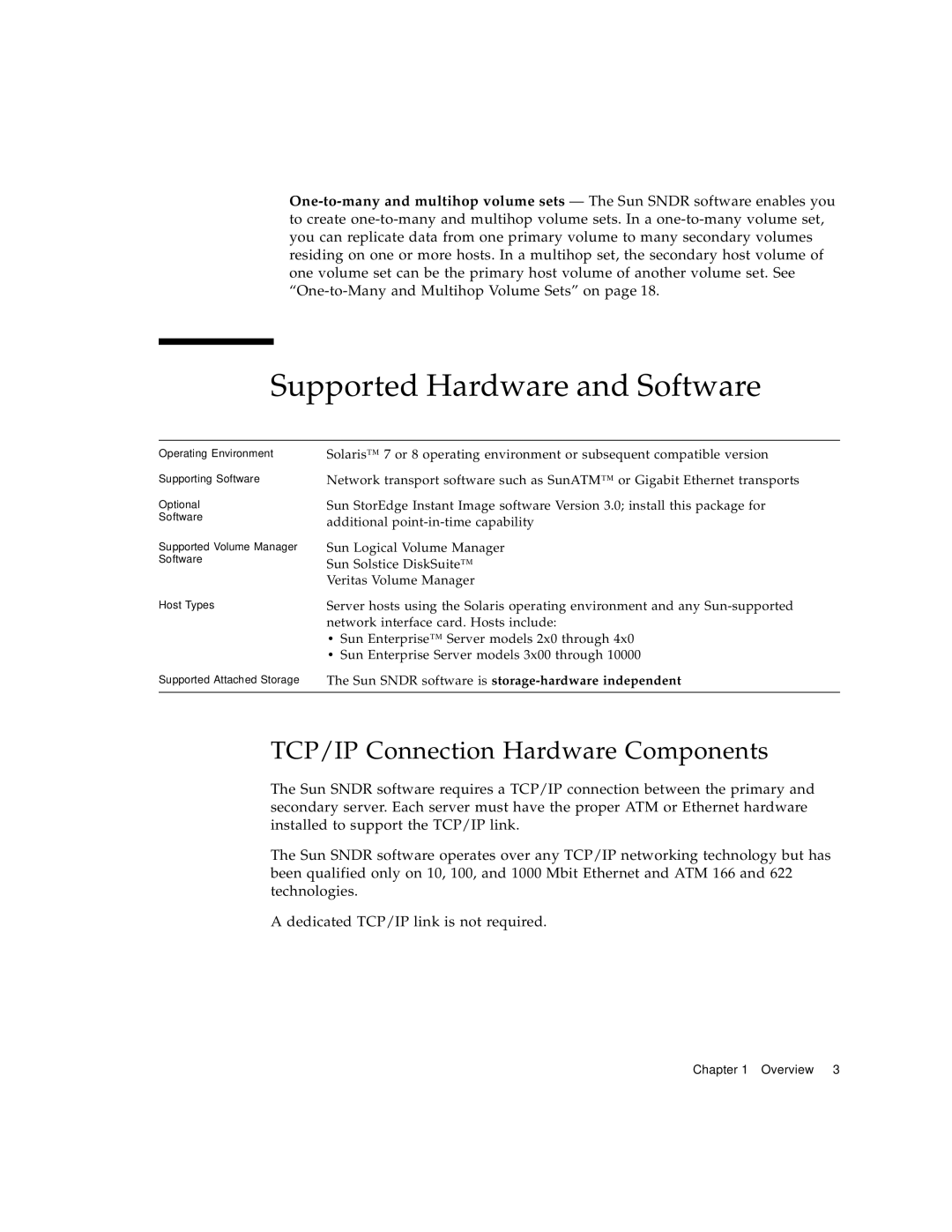 Sun Microsystems 3 manual Supported Hardware and Software, TCP/IP Connection Hardware Components 