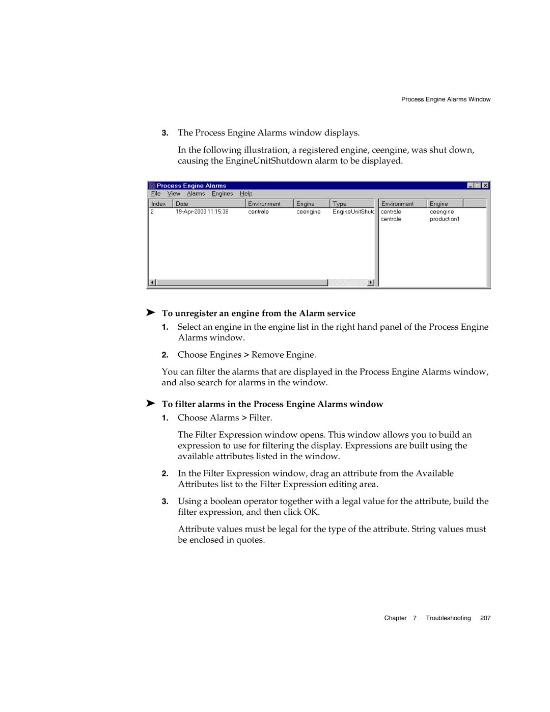 Sun Microsystems 3 To unregister an engine from the Alarm service, To filter alarms in the Process Engine Alarms window 