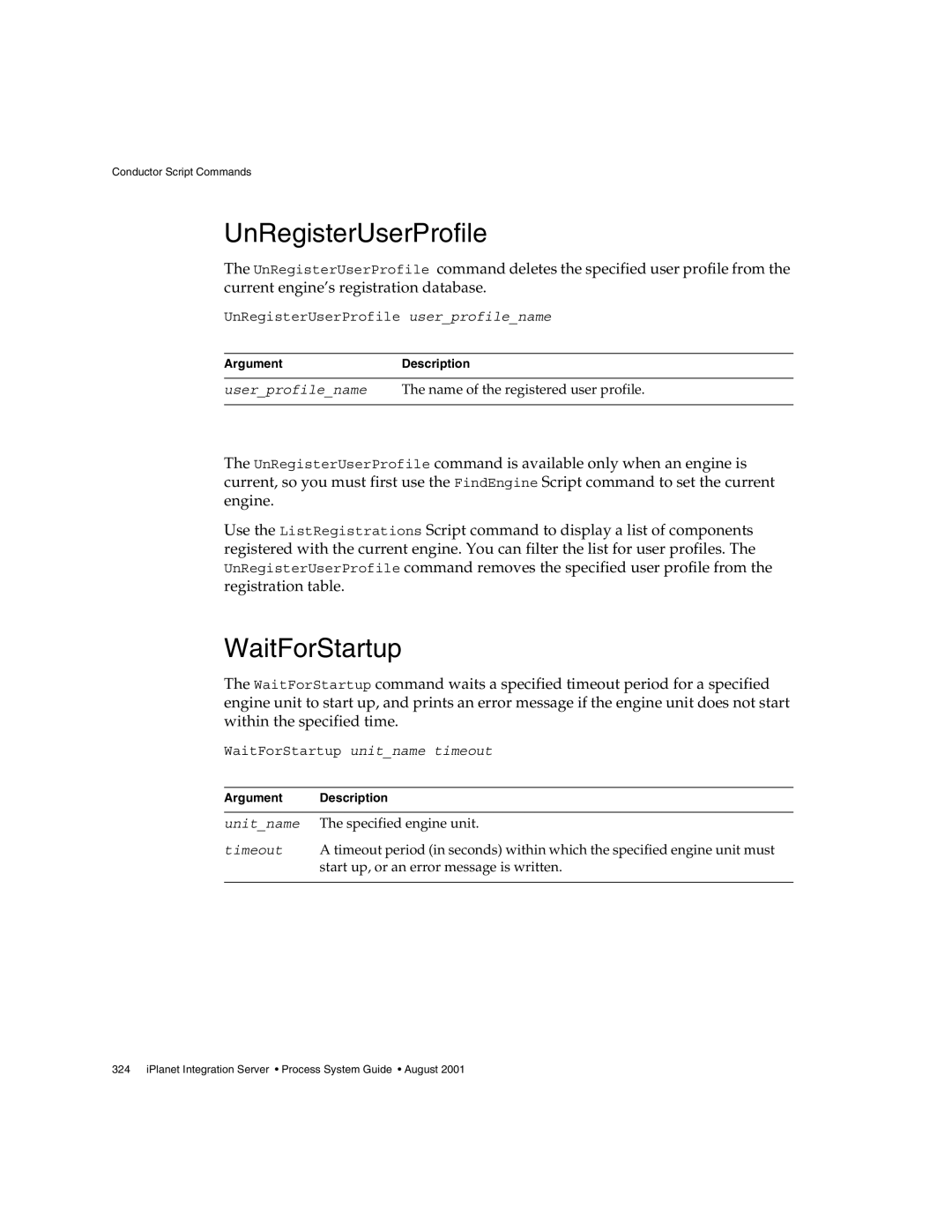 Sun Microsystems 3 manual UnRegisterUserProfile, WaitForStartup 