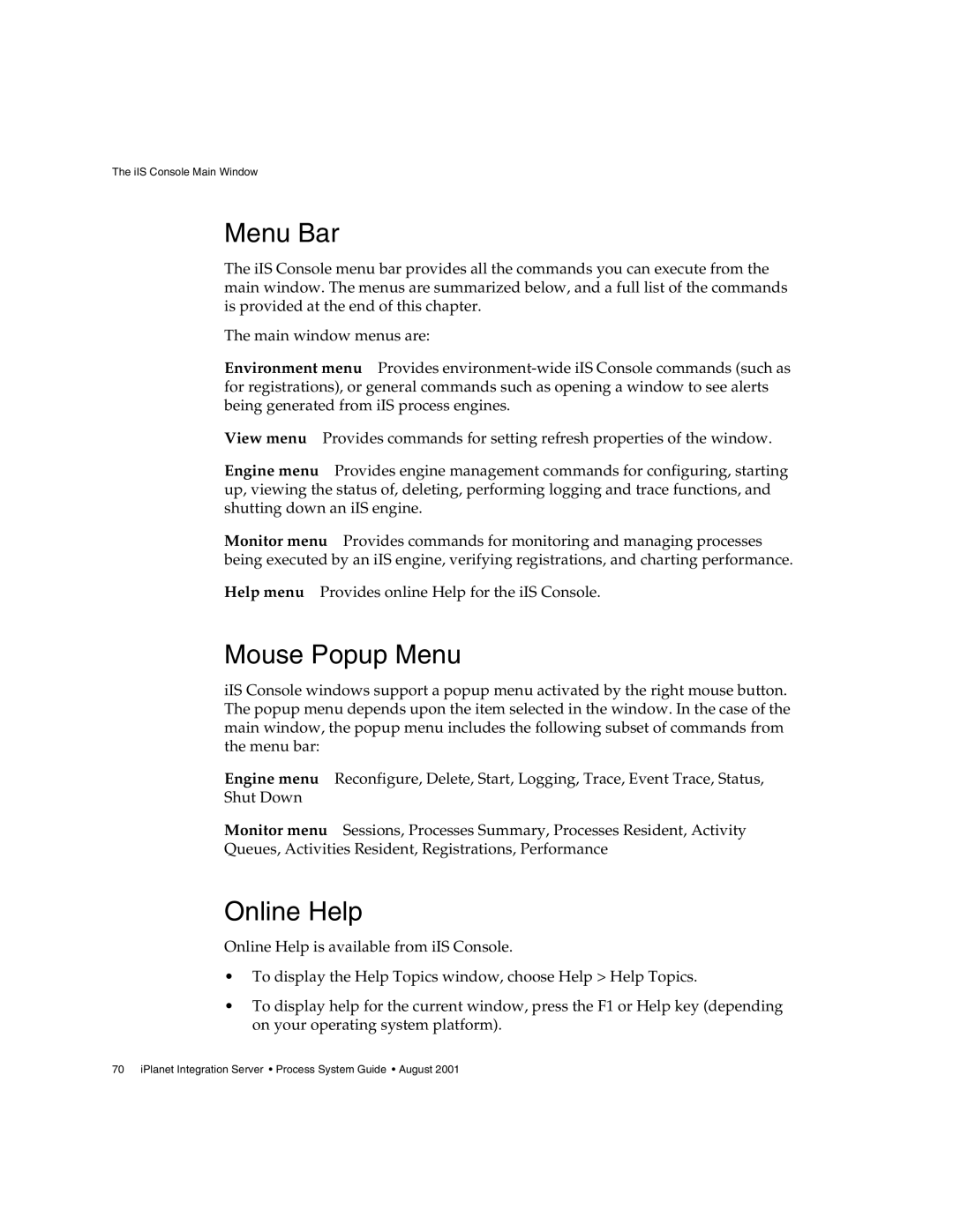 Sun Microsystems 3 manual Menu Bar, Mouse Popup Menu 