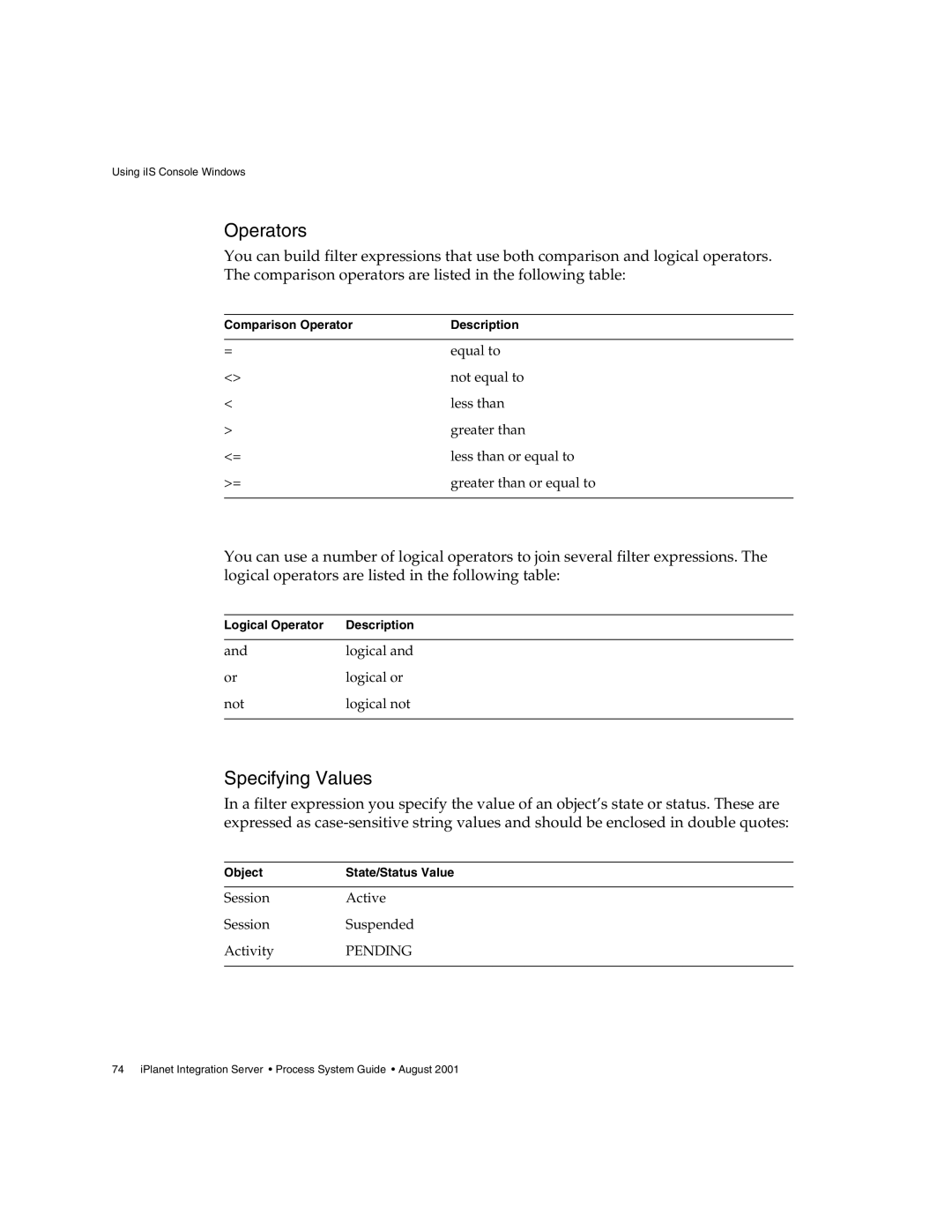 Sun Microsystems 3 manual Operators, Specifying Values 