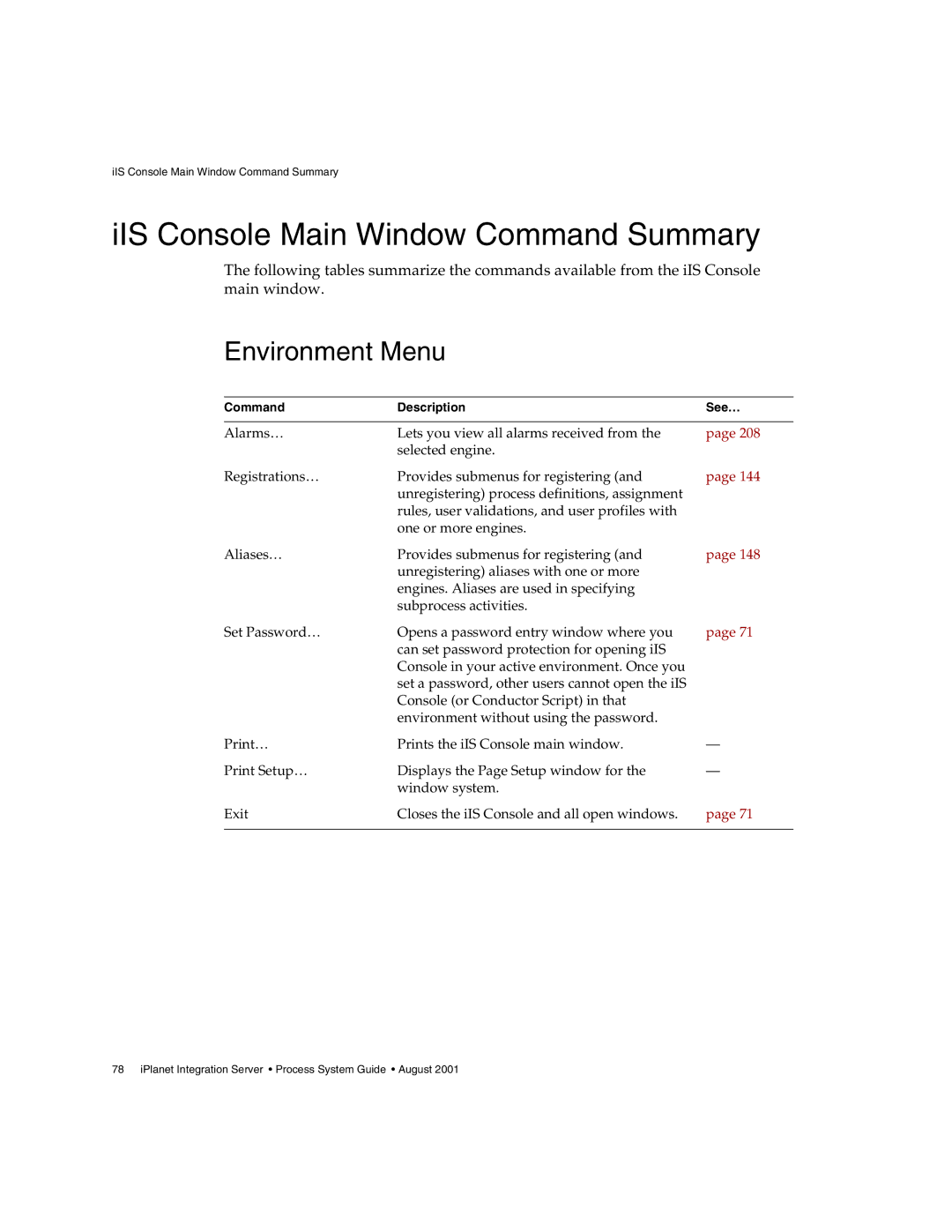 Sun Microsystems 3 manual IIS Console Main Window Command Summary, Environment Menu 