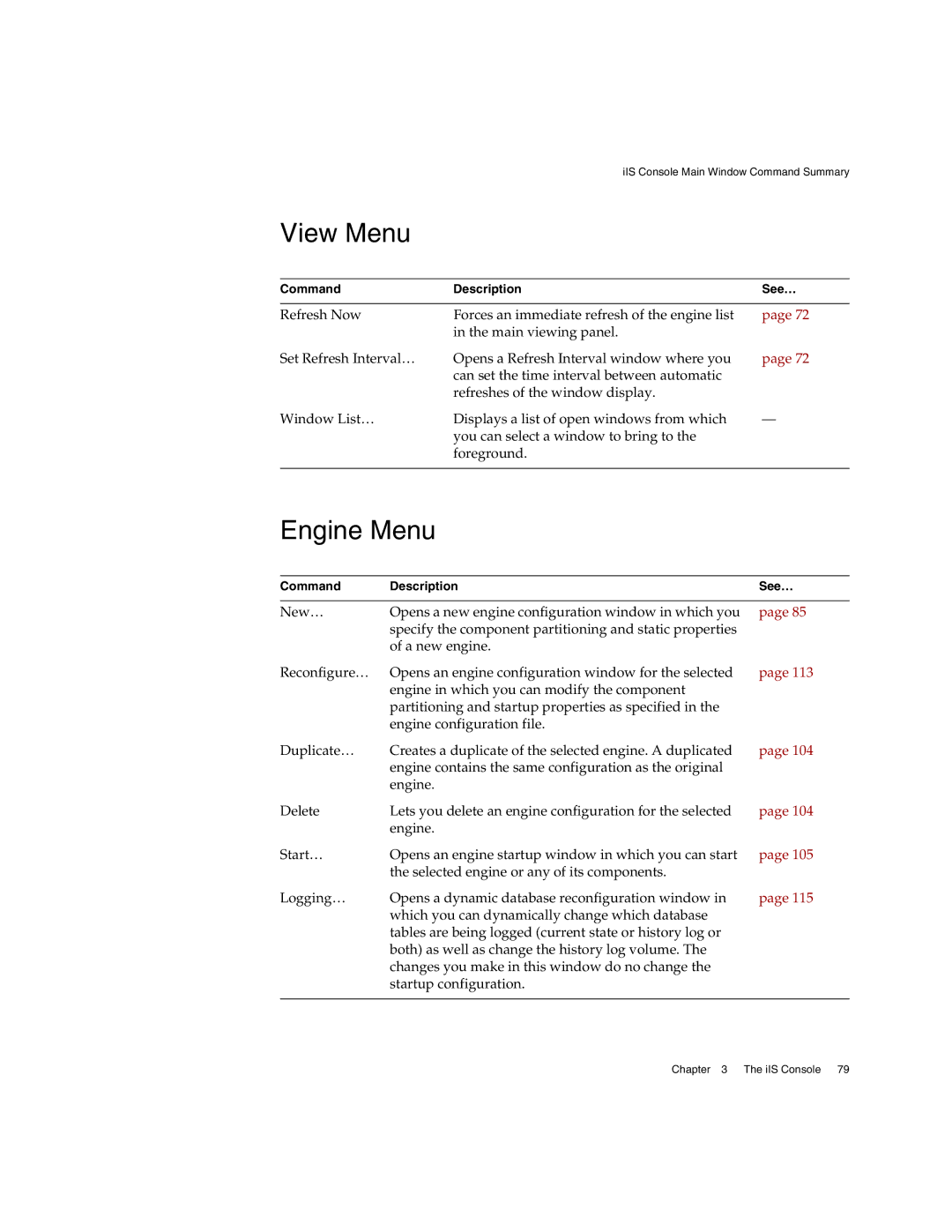 Sun Microsystems 3 manual View Menu, Engine Menu 