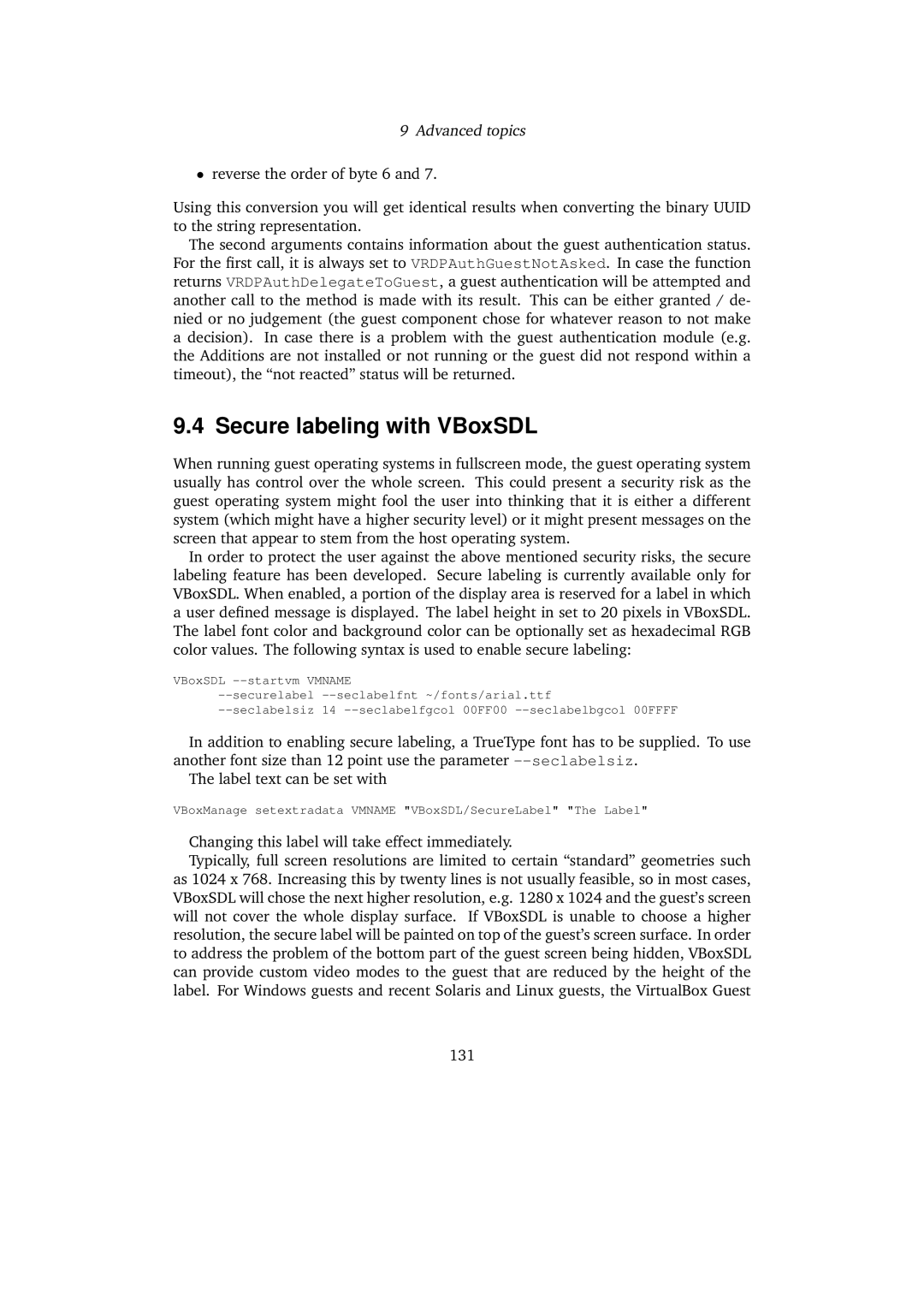 Sun Microsystems 3.0.0 user manual Secure labeling with VBoxSDL, Changing this label will take effect immediately 