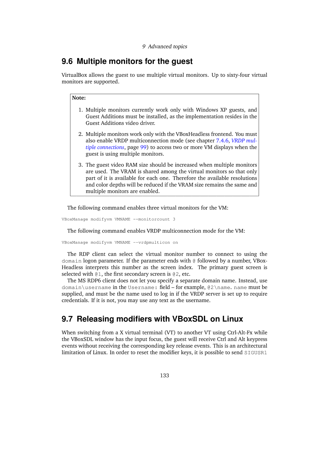 Sun Microsystems 3.0.0 user manual Multiple monitors for the guest, Releasing modiﬁers with VBoxSDL on Linux 