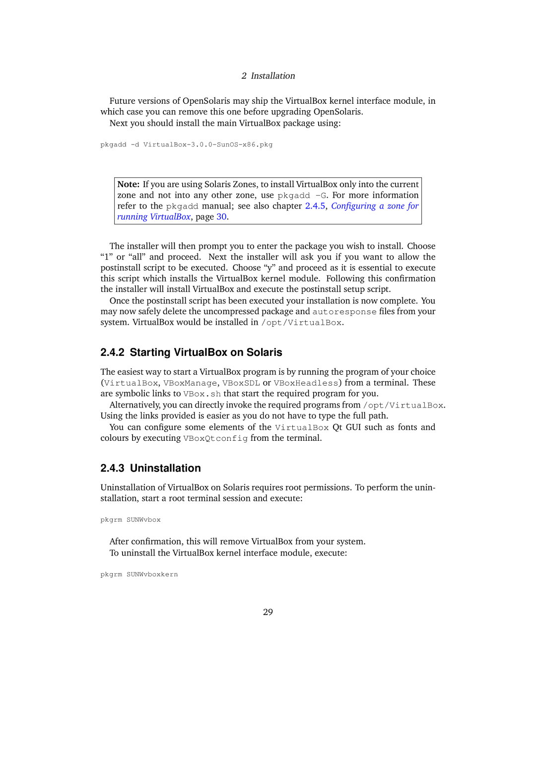 Sun Microsystems 3.0.0 user manual Starting VirtualBox on Solaris, Uninstallation 