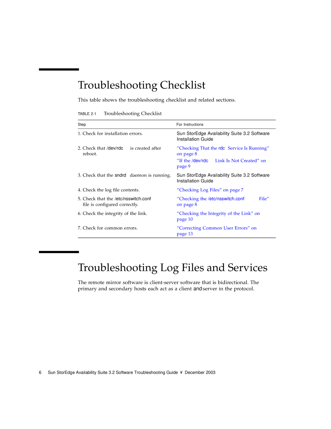 Sun Microsystems 3.2 manual Troubleshooting Log Files and Services, Check the integrity of the link Check for common errors 