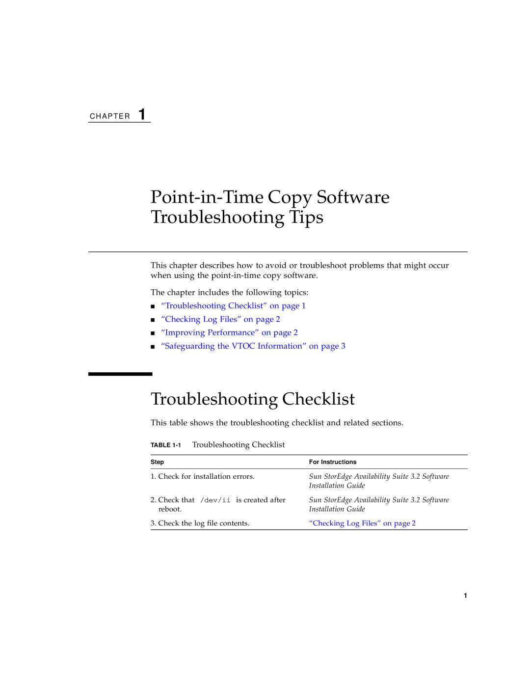 Sun Microsystems 3.2 manual Point-in-TimeCopy Software Troubleshooting Tips, Troubleshooting Checklist 