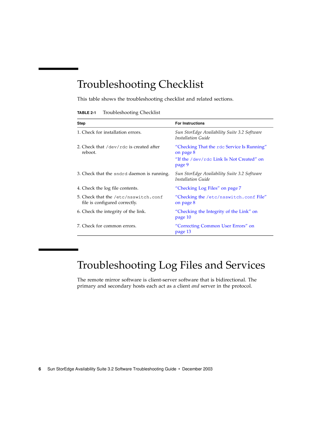 Sun Microsystems 3.2 manual Troubleshooting Log Files and Services, 1 Troubleshooting Checklist 