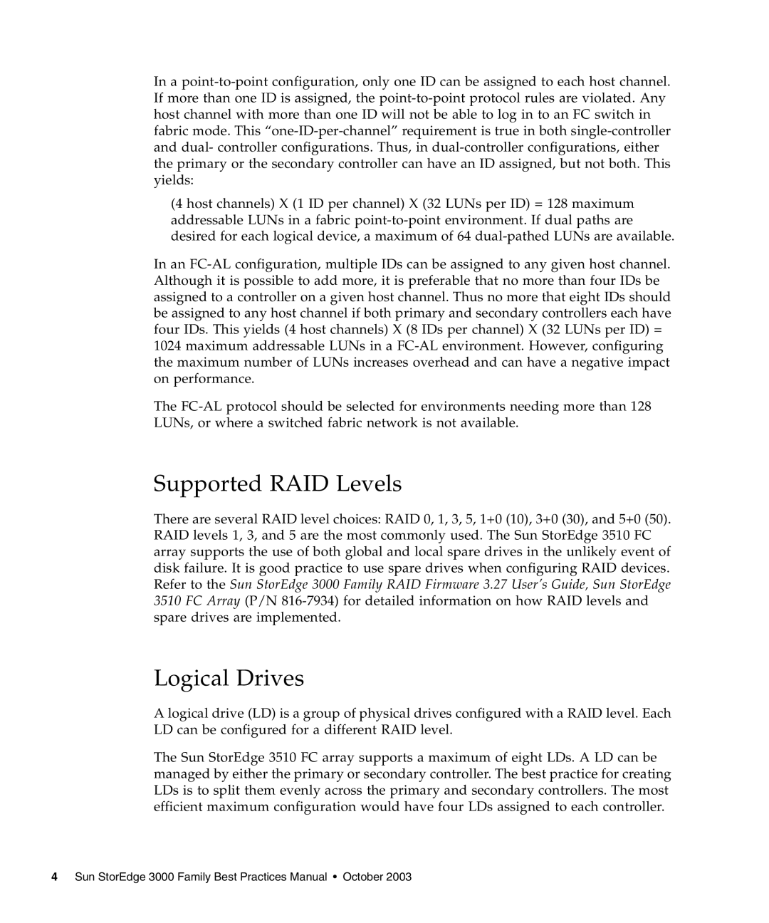 Sun Microsystems 3510 manual Supported RAID Levels, Logical Drives 