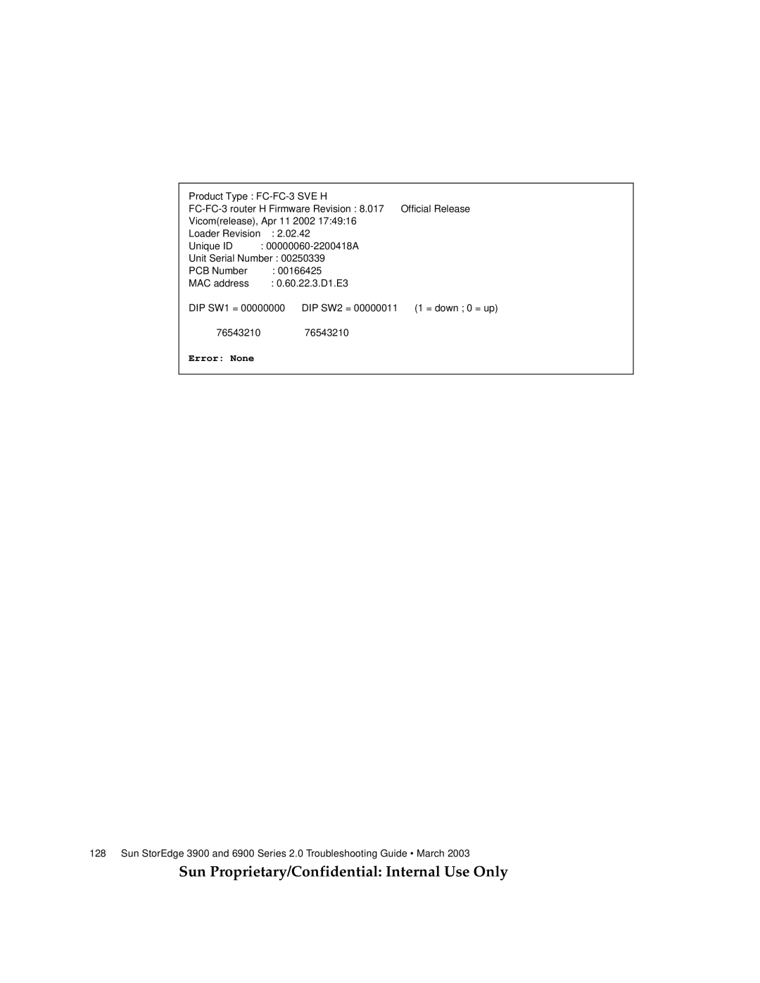 Sun Microsystems 3900, 6900 manual Error None 