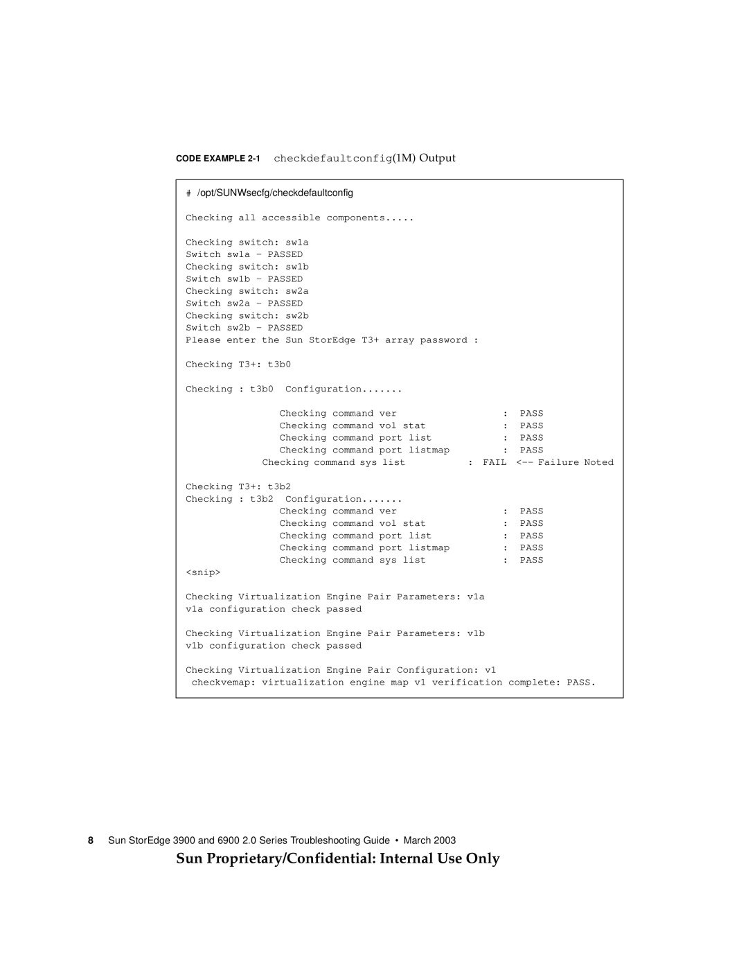 Sun Microsystems 3900, 6900 manual Code Example 2-1checkdefaultconfig1M Output 