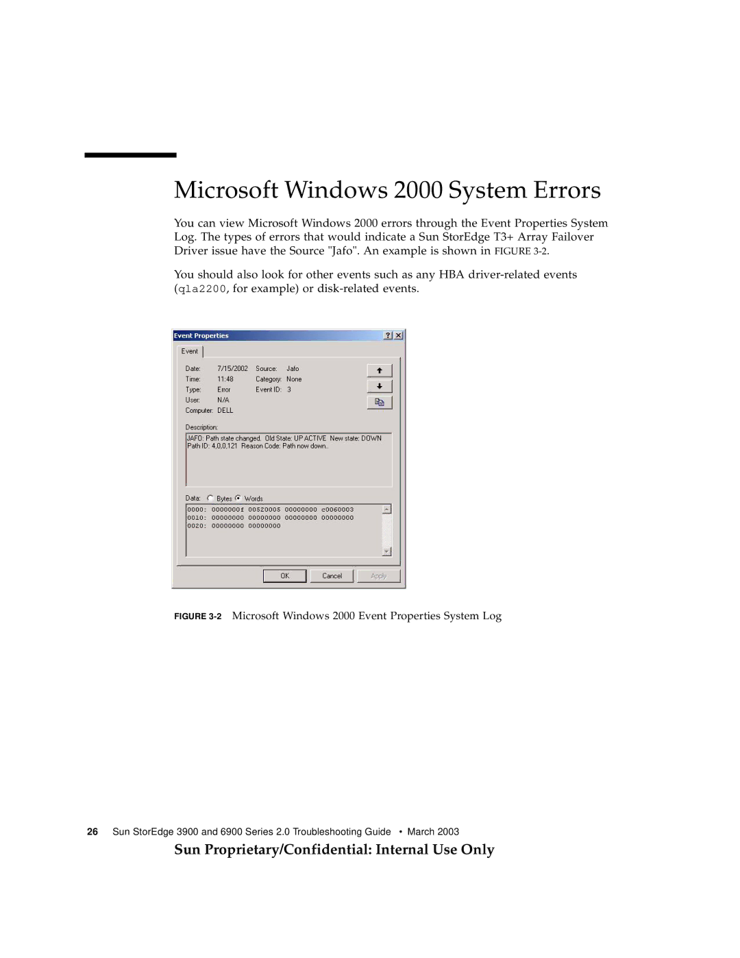 Sun Microsystems 3900, 6900 manual Microsoft Windows 2000 System Errors, 2Microsoft Windows 2000 Event Properties System Log 