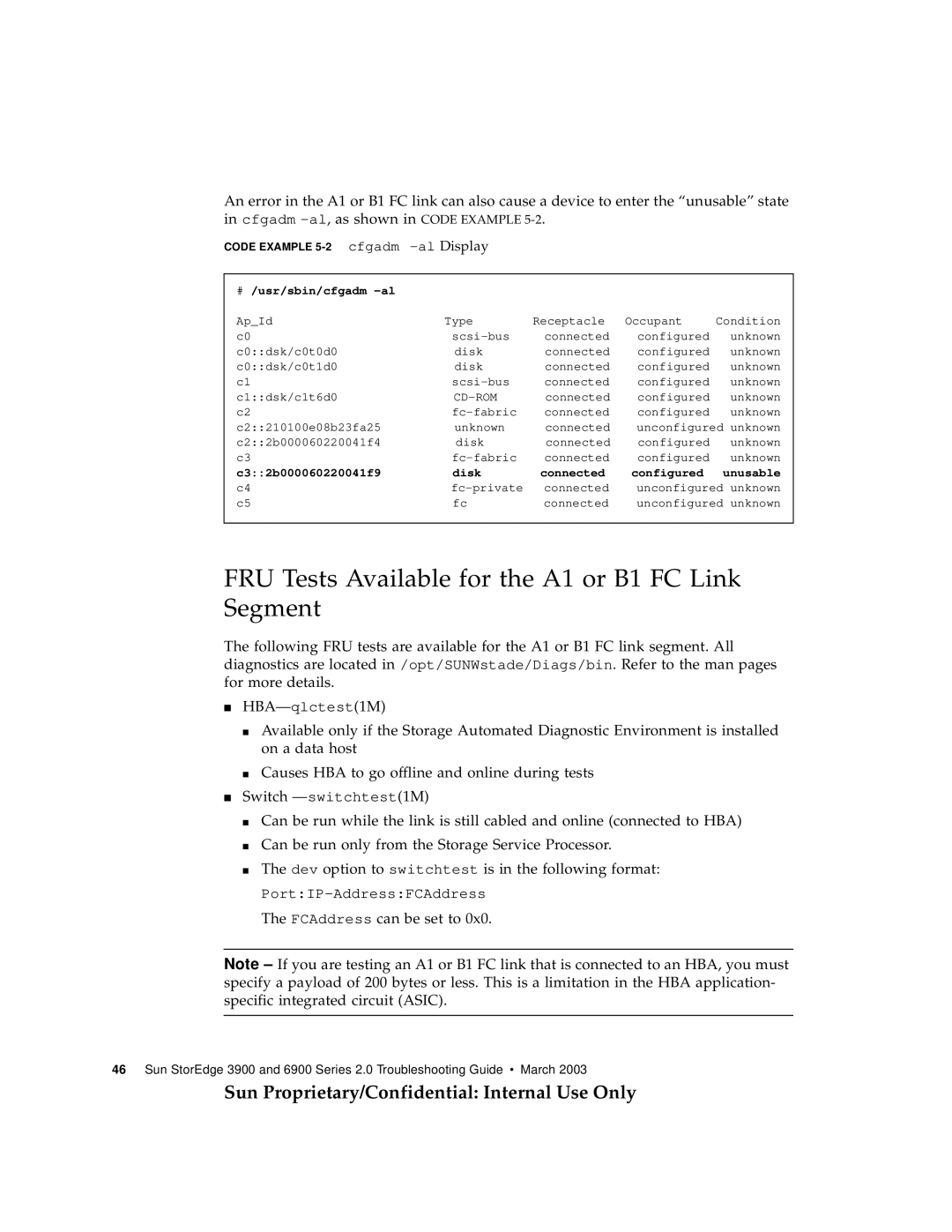 Sun Microsystems 3900, 6900 manual FRU Tests Available for the A1 or B1 FC Link Segment, Al Display 