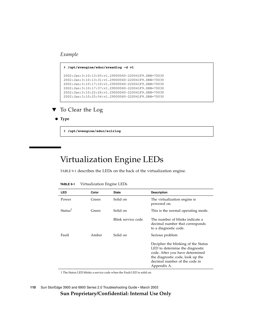 Sun Microsystems 3900, 6900 manual Virtualization Engine LEDs, To Clear the Log, Example, # /opt/svengine/sduc/sreadlog -d 