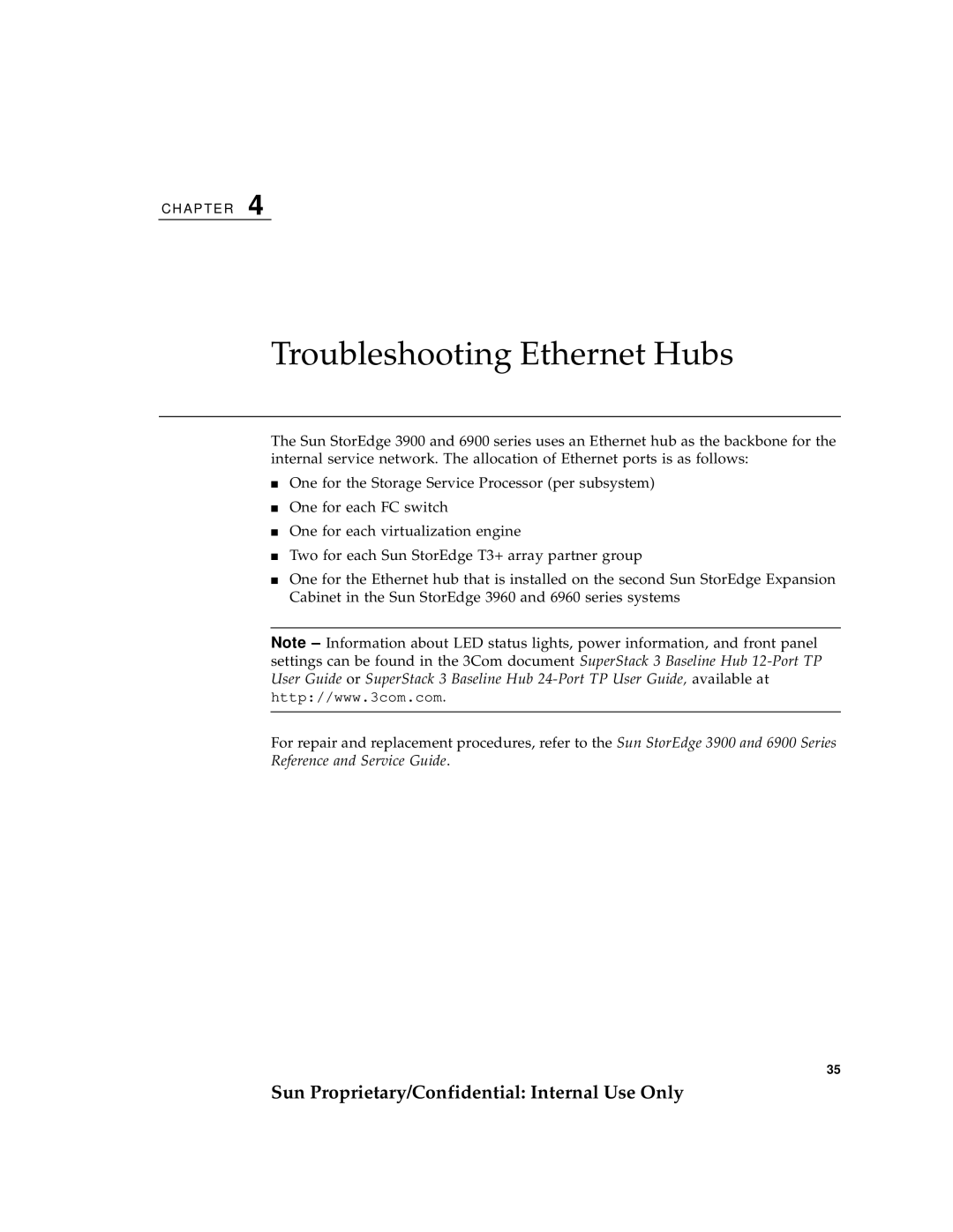 Sun Microsystems 6900, 3900 manual Troubleshooting Ethernet Hubs, Sun Proprietary/Confidential Internal Use Only 