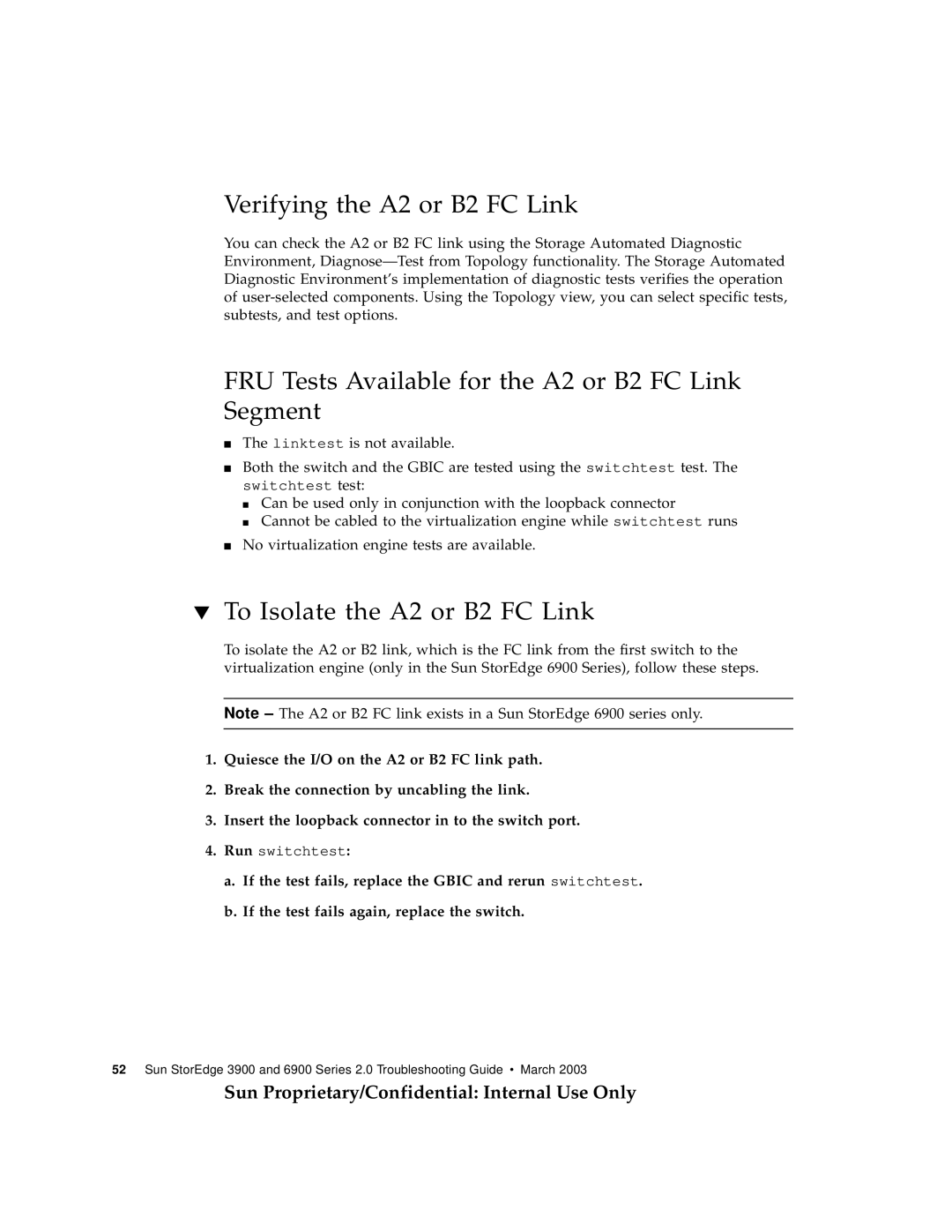 Sun Microsystems 3900, 6900 manual Verifying the A2 or B2 FC Link, FRU Tests Available for the A2 or B2 FC Link Segment 