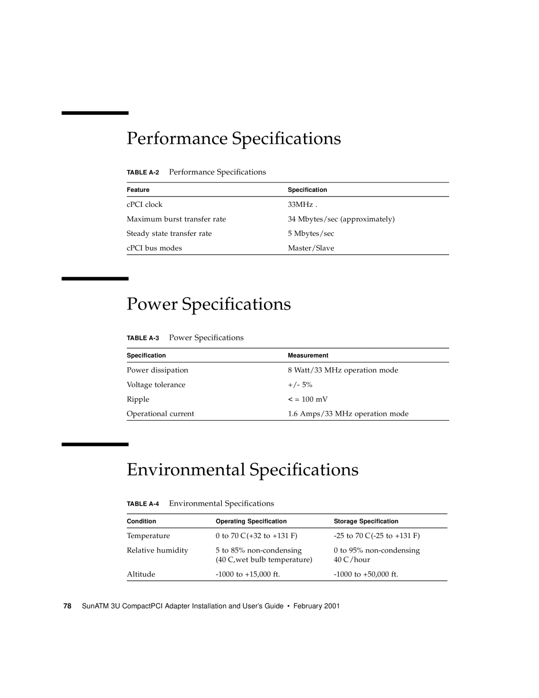 Sun Microsystems 3U manual Performance Specifications, Power Specifications, Environmental Specifications 